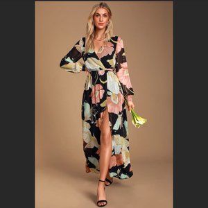 Wondrous Water Lilies Black Floral Print Maxi Dress Small